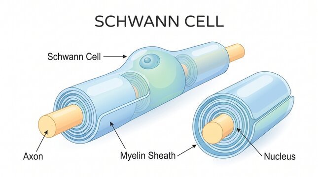 Diagram of a nerve fiber showing myelin sheath, axon, and glial cell structure in the peripheral nervous system