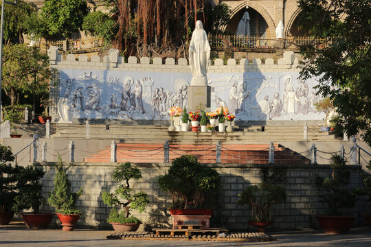 NHA TRANG, VIETNAM: The stone statue of the Virgin Mary, known as Ave Maria, standing in front of the Christ the King Cathedral.
