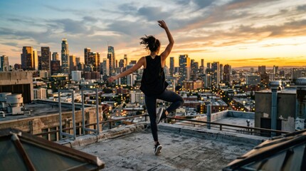 Fototapeta premium Ballerina Performs Graceful Dance on City Rooftop at Sunset.