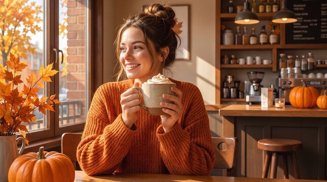 Happy Woman Drinking Pumpkin Spice Latte in Cozy Autumn Cafe Lifestyle Concept for Seasonal Marketing