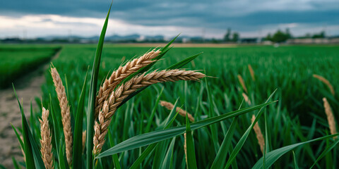 Obraz premium Rice plant green field close up cloudy sky agriculture farm crop nature landscape rural scene evening light wheat ear swaying gently under moody cloudy sky above lush green rice field