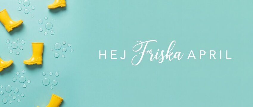 Yellow rain boots spring background with water drops and Swedish text Hej Friska April on a pastel blue panoramic banner flat lay, creative minimalist design concept for rainy seasonal weather.