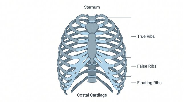 Educational Anatomical Diagram Illustrating Human Rib Cage Structure with Sternum and Costal Cartilage Labels for Medical Study