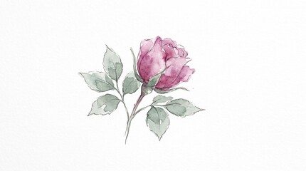 Fototapeta premium Delicate watercolor rose illustration, a single pink flower with green leaves, hand-painted botanical artwork for elegant design projects, wedding invitations, and romantic greetings.