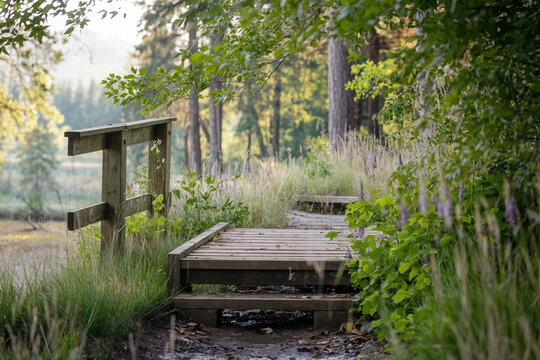 Wooden boardwalk leading through a peaceful forest toward a tranquil lakeside during golden morning light, surrounded by lush green trees and natural summer landscape.