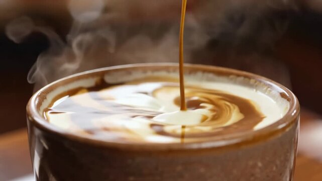 Rich espresso is poured into a rustic-style ceramic cup containing smooth, steamed milk.