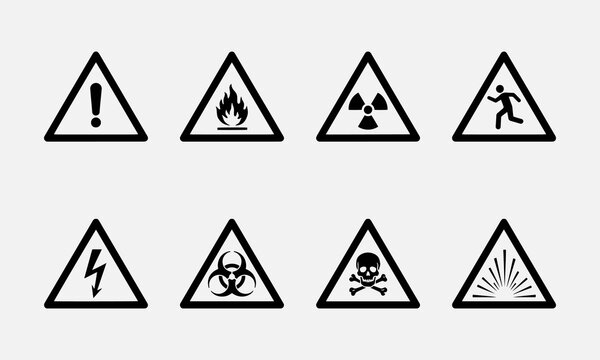 Warning triangular caution shapes signs with various danger symbols hazard, flammable, radiation, slipping, electrical, biohazard, toxic, explosion