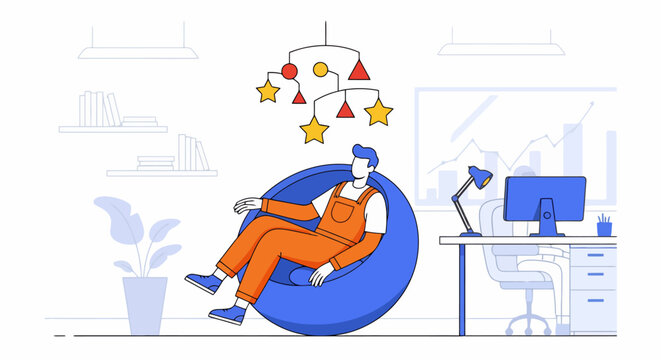 Man in orange overalls relaxing in bean bag chair under mobile in office