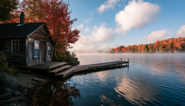 rustic wooden cabin by lake during fall season with colorful autumn trees mist rising from water and reflection on calm lake surface.