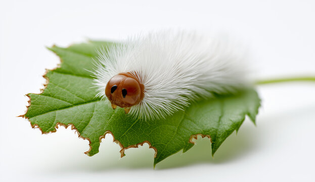 Macro shot of fuzzy white caterpillar crawling on green leaf with bite marks showing tiny legs and brown head on white background.