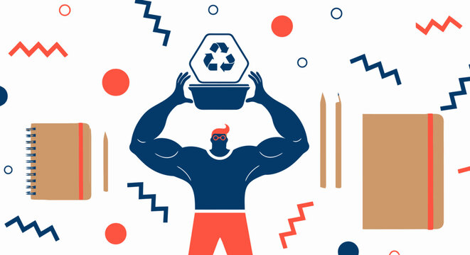 Muscular man lifting recycling bin icon in flat office illustration for sustainability concepts