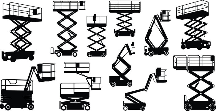 Scissor lift and boom lift silhouettes collection construction aerial platforms equipment flat vector