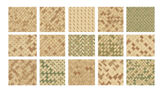 Pattern collection showing fifteen varied swatches of textured woven bamboo and straw patterns in earth tone colors.