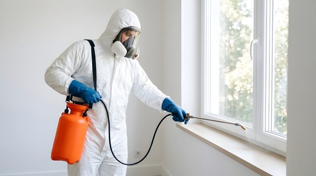Professional pest control technician spraying insecticide around a window