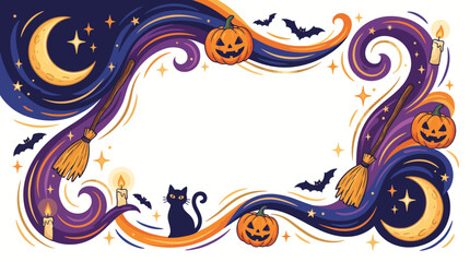 Fototapeta premium Moonlight Halloween Frame with Bats, Black Cats and Pumpkins Flat Vector Border Design