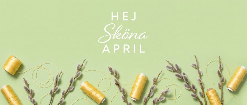 Pussy willow spring background banner with yellow sewing thread and Swedish Hej Skona April greeting text, pastel green flat lay craft concept for seasonal Easter card and creative web header