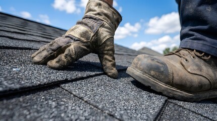 Fototapeta premium Roofer's hands and boots on asphalt shingle roof under blue sky