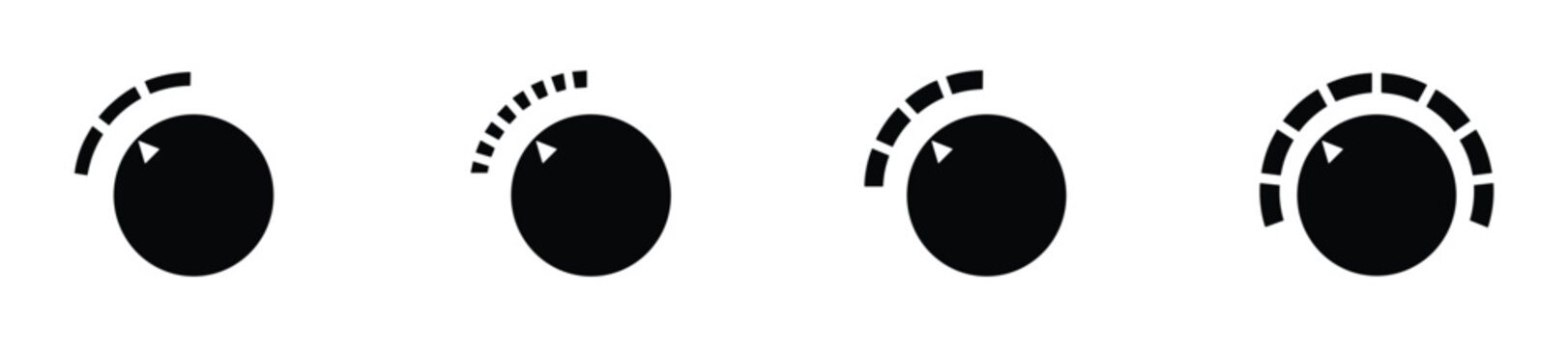 Volume control dial graphic: A simple graphic illustration shows four black circular volume control dials with dashed lines indicating different levels, representing a progression of sound intensity.