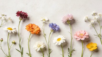 Fototapeta premium Flowers in sunshine on concrete background. Meadow poppies, clover, cornflower blooming. Aesthetic, minimal, stylish, still life, blossom bouquet composition. Pastel colors. Selective focus, blur