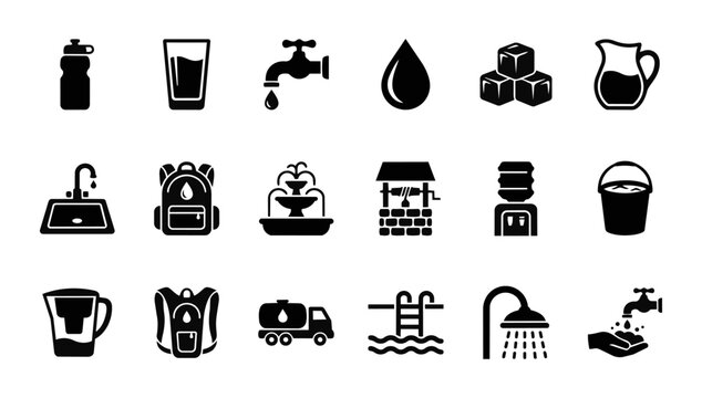 Set of water resource and usage icons with resource fountain swimming hydration plumbing conservation pollution refreshment container