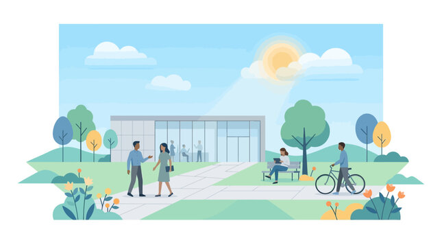 Business professionals walk and interact in the green park area outside of a modern office building.