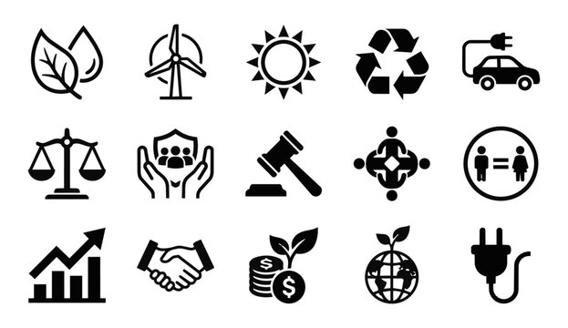 Sustainability and global environmental policy icon set with sustainability environment electric equality business handshake conservation
