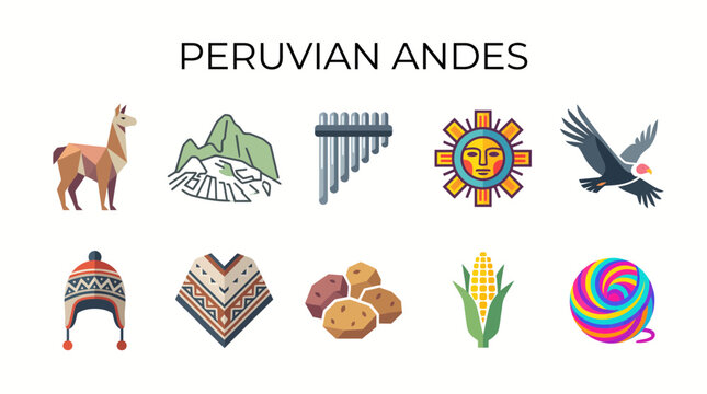 Peruvian Andes cultural icons and symbols collection. Vibrant flat design elements showcasing heritage, wildlife, and traditional motifs for commer...