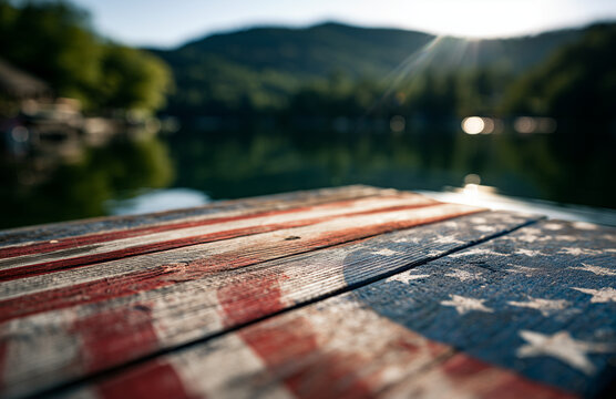 Weathered wooden table painted like american flag sits by calm lake with soft sunlight reflecting off water and distant mountains.