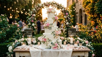 Fototapeta premium Elegant MultiTiered Wedding Cake Adorned with Fresh Flowers in Outdoor Garden Setting.