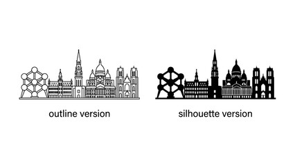 Naklejka premium City Skyline Duo: A side-by-side comparison showcasing two artistic representations of a city skyline, one in an intricate outline and the other as a bold silhouette.