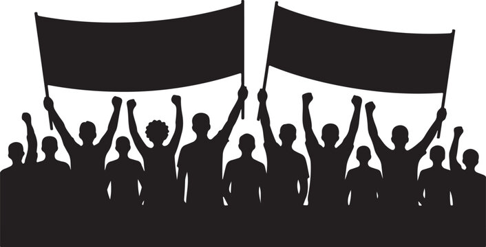 Silhouette of a crowd of people protesting with blank banners, group of demonstrators holding empty signs, vector illustration