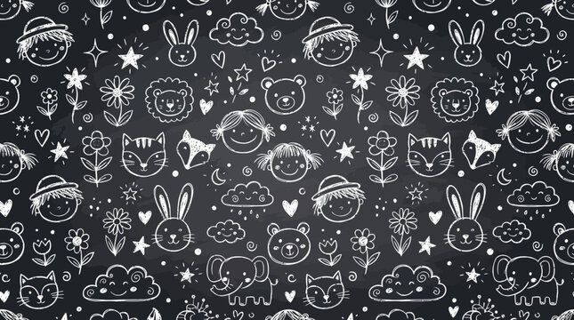 A whimsical black and white illustration of cute cartoon characters and objects
