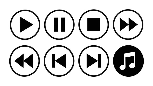 Media player control icons set including play pause stop skip and music notes with controls interface collection application monochrome isolated