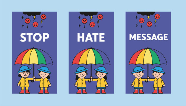 Social campaign banners reading stop hate message, featuring two kids holding a rainbow umbrella in a storm.