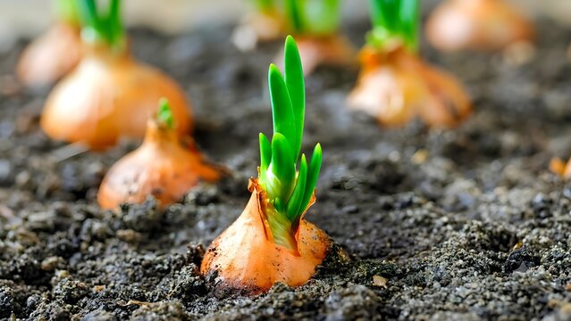 Young green onion sprouts growing from bulbs in fertile dark soil, close-up of fresh organic spring onions in garden