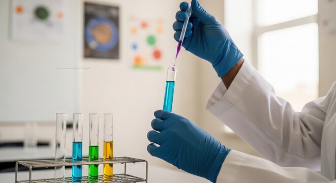 Laboratory experiment with colorful liquid in test tubes and pipette in scientist hand. Chemical analysis involves various colored solutions and scientific tools.