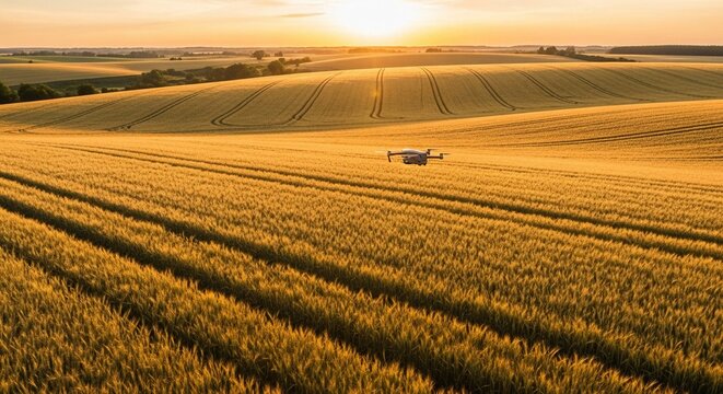 Drone surveys golden wheat field at sunset showcasing agricultural technology in rural landscape