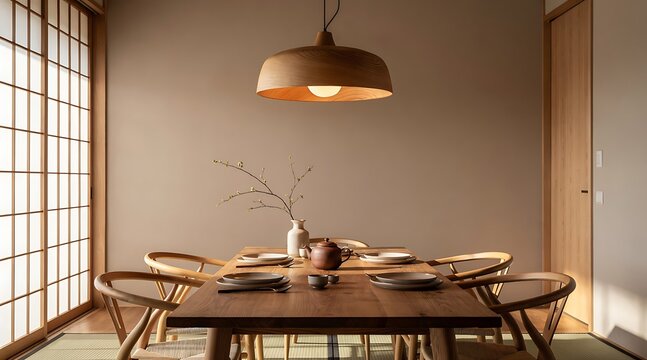 Serene Japanese Dining Room with Wooden Table and Chairs.