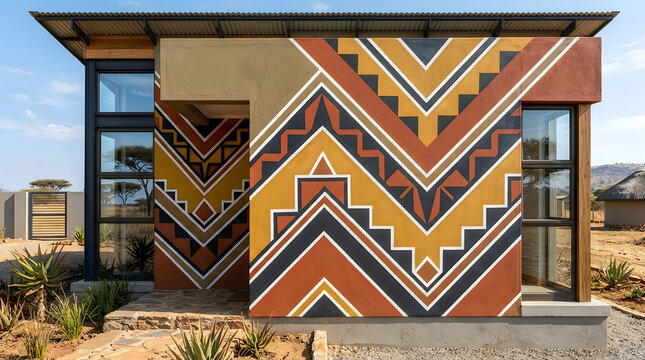 African tribal pattern mural on modern house facade, geometric ethnic wall art design, contemporary desert villa with traditional Ndebele inspired motifs