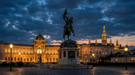 Fototapeta premium Equestrian Statue in Front of Illuminated Imperial Palace at Dusk.