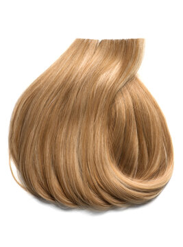Blond hair lock curls isolated on white background, healthy and beauty dyed hair sample design, hair salon, treatment, cure, dying concept. Close up
