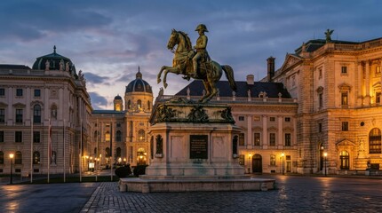 Obraz premium Equestrian Statue of Archduke Charles in Heldenplatz Vienna at Dusk.