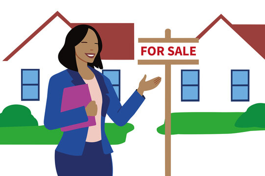 Real Estate Agent with a For Sale Sign. Property and Housing.
