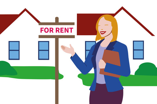 Real estate agent promotes rental property in residential area with for rent sign
