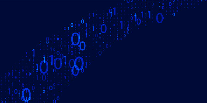 Abstract technology background with a digital data landscape. Wavy lines, a grid, and binary code 1 and 0 create a futuristic concept of big data visualization.