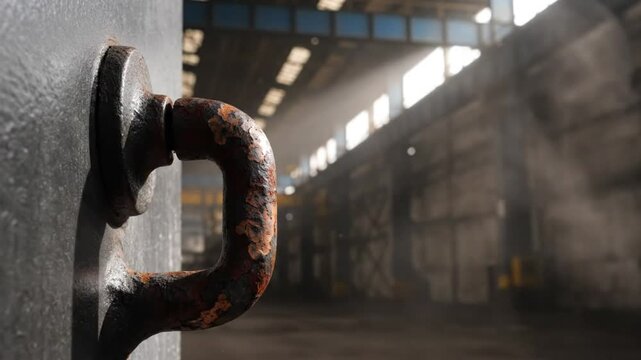 Rusty metal loop attached to a dark industrial wall in a vast, sunlit factory interior, close-up perspective