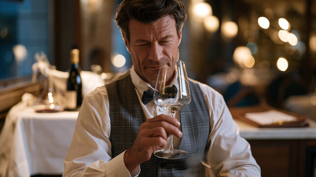 Sommelier holding glass at precise angle under restaurant service spotlight, examining wine clarity with practiced squint, white tablecloth service station behind with open bottle