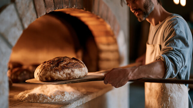 Bread baker sliding long peel under sourdough boule in wood-fired stone oven interior, flour cloud at oven mouth, dark crust developing on earlier loaves, brick arch glowing