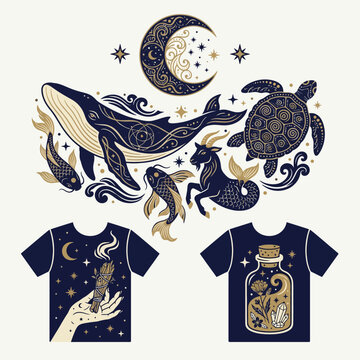 Celestial marine animals are shown with mystical t-shirt designs