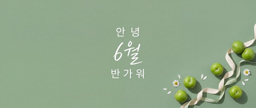 Korean June greeting green plums flat lay background decorated with daisy flowers and ribbon, fresh minimalist summer banner template featuring handwritten Korean calligraphy text.